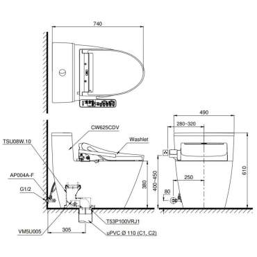 Bồn Cầu Điện Tử TOTO MS625CDW15 Washlet TCF24460AAA C5 Giấu Dây