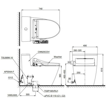 Bồn Cầu Điện Tử TOTO MS625CDW23 Nắp Rửa Washlet TCF47360GAA S7 Giấu Dây