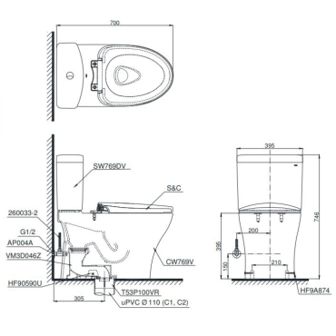 Bồn Cầu TOTO CS769DRT8 (CS769DT8) Hai Khối Nắp TC600VS