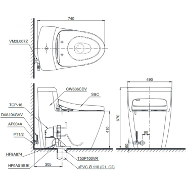 Bồn Cầu TOTO MS636DT2 1 Khối Nắp TC393VS