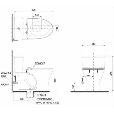 Bồn Cầu TOTO MS855DT8 Một Khối Nắp TC600VS
