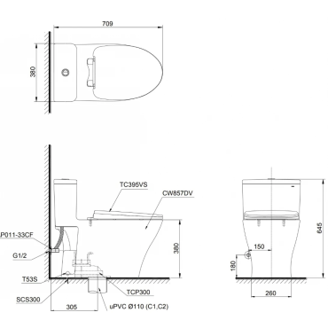 Bồn Cầu TOTO MS857DT10 1 Khối Nắp TC395VS