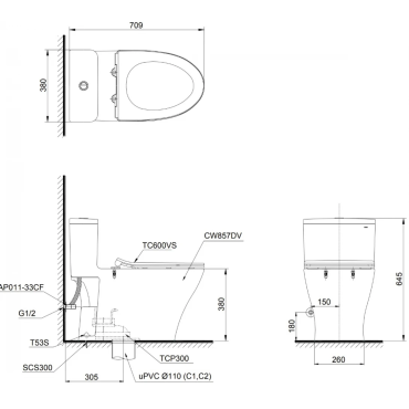 Bồn Cầu TOTO MS857DT8 1 Khối Nắp TC600VS