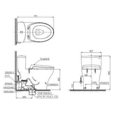 Bồn Cầu TOTO MS885DT2 Một Khối Nắp TC393VS