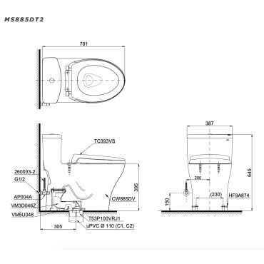 Bồn Cầu TOTO MS885DT3 Một Khối Nắp TC385VS