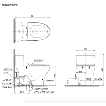Bồn Cầu TOTO MS885DT8 Một Khối Nắp TC600VS