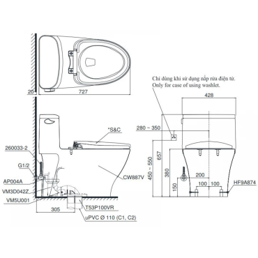 Bồn Cầu TOTO MS887RT8 (MS887T8) Một Khối Nắp TC600VS