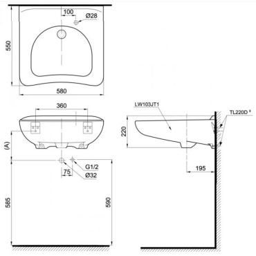Chậu Lavabo TOTO LW103JT1/TL220D/T205QN Khuyết Tật Treo Tường