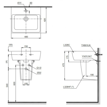Chậu Rửa Mặt Lavabo TOTO LHT328C#XW Chữ Nhật Treo Tường Chân Ngắn