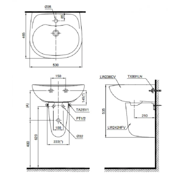 Lavabo TOTO LHT236CS Treo Tường Chân Ngắn