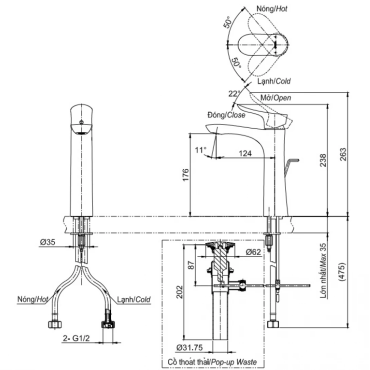 Vòi Lavabo TOTO TLG01304V Nóng Lạnh Cổ Cao Thân Vừa