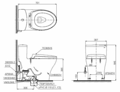 Bồn Cầu TOTO MS885DT2 Một Khối Nắp TC393VS