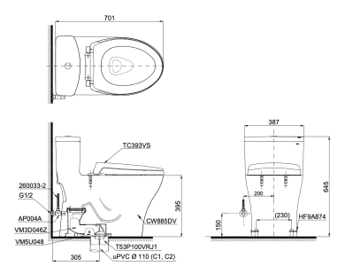Bồn Cầu TOTO MS885DT3 Một Khối Nắp TC385VS