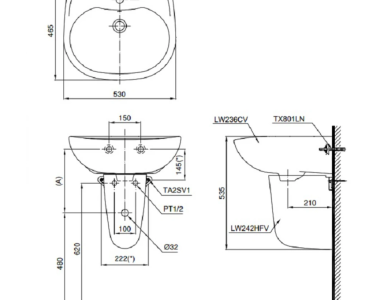 Lavabo TOTO LHT236CS Treo Tường Chân Ngắn